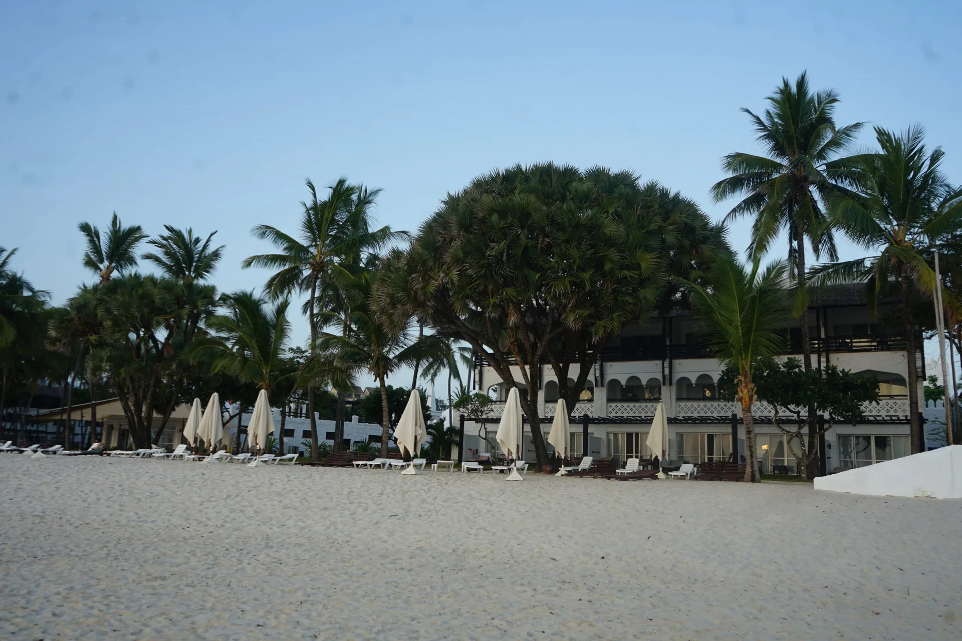 A beachfront hotel behind palms, loungers folded on the sand.